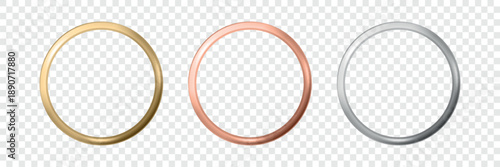 Vector 3d Metal Circle Frames Set, Isolated. Gold Ring Frame, Rose Gold Ring Frame, Silver Ring Frame for Logo, Badge, Label, Monogram, Wedding Design. Round Border