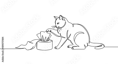 Line drawing of a domestic cat feeding a kitten from a bowl on a transparent background