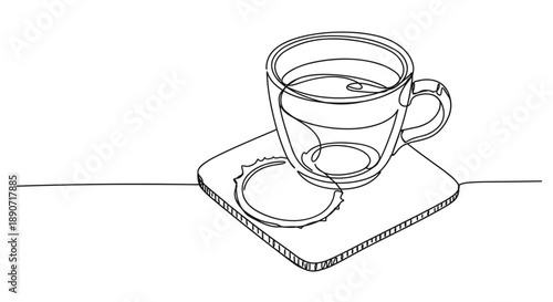 Line drawing of a coffee cup on a saucer with a smooth surface isolated on a transparent background