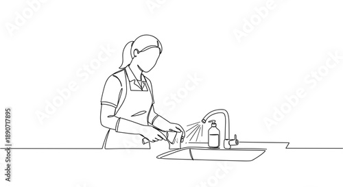 Line drawing of a woman washing dishes in a kitchen on a transparent background with an apron and a focused expression while standing by the sink.