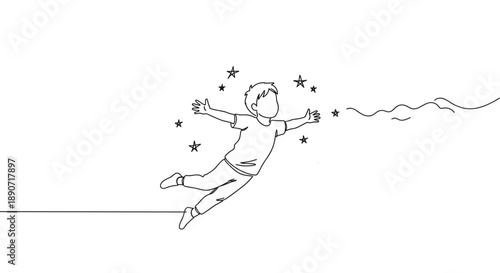 Line drawing of a child flying with arms outstretched surrounded by stars on a transparent background