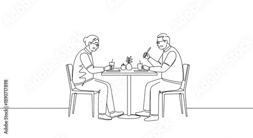 Line drawing of a couple dining together at a round table with food on a transparent background