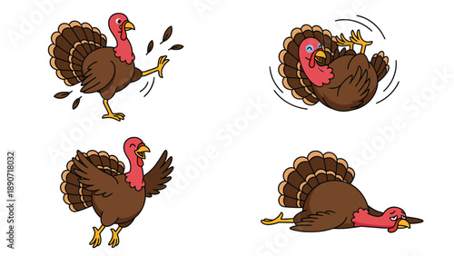 Funny Cartoon Turkey Character Poses Set: Dancing, Rolling, Surprised, and Fainting Actions
