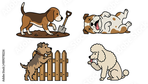 Cute cartoon dogs set: Beagle digging, Bulldog rolling, Terrier peeking, Poodle licking paw. Adorable illustrated pet breeds collection.