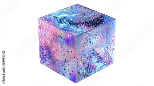 Floating holographic cube with flowing data patterns isolated on white background