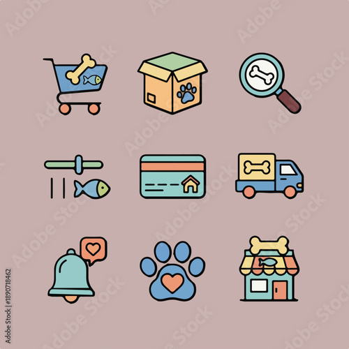 A grid of nine colorful cartoon icons depicts pet-related e-commerce, services, and supplies, including shopping, delivery, search, and care.