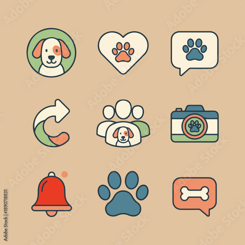 A grid of nine charming, minimalist flat icons in a warm color palette, illustrating pet care, community, and digital interaction for dogs.