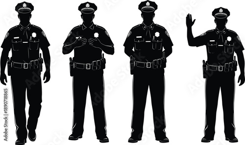Set of four black and white silhouettes of police officers in uniform performing various actions like walking and signaling stop.