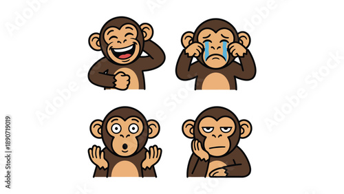 Cartoon Monkey Emotions Vector Set. Happy, Crying, Surprised, and Bored Expressions Collection
