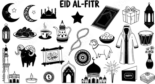 Eid al-Fitr vector icons: moon, star, mosque, lantern, prayer mat, gifts, dates, sheep, robe, drum, calligraphy, tea, candle, vase, fireworks, sweets