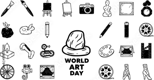 World Art Day Creative Tools Hand-Drawn Icons Set. Black and White Doodle Line Art Vector Illustration for Arts, Crafts, Film, Photography and Design.