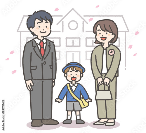 桜吹雪の中、園舎の前で笑顔の男の子の園児と家族