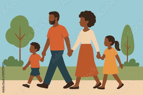 Family walking together in a park flat illustration