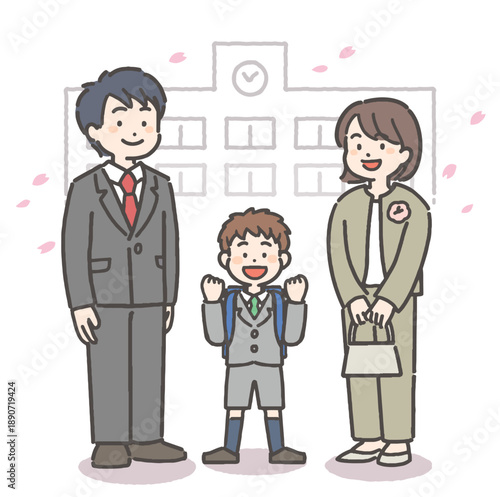 桜吹雪の中、学校の前で笑顔の男の子の小学生と家族