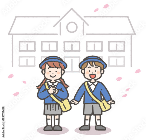 桜吹雪の中、園舎の前で笑顔の女の子と男の子の園児