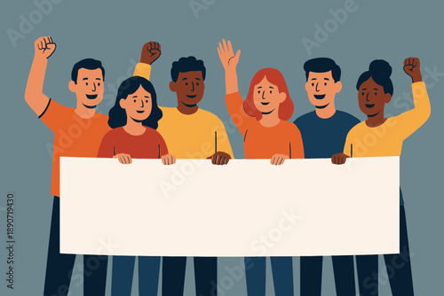 Diverse group of people holding a blank yellow and blue banner