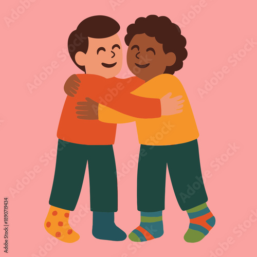Two friends hugging wearing mismatched socks