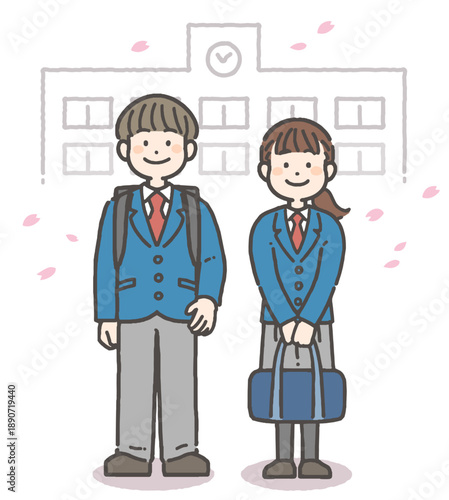 桜吹雪の中、学校の前で笑顔の女の子と男の子の中学生・高校生