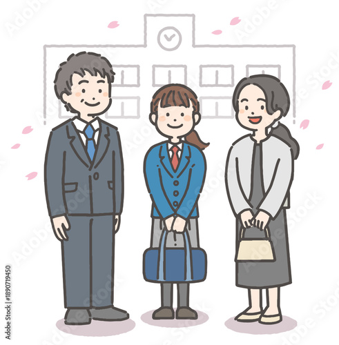 桜吹雪の中、学校の前で笑顔の女の子の中学生・高校生と家族