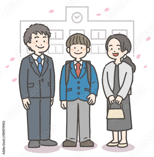 桜吹雪の中、学校の前で笑顔の男の子の中学生・高校生と家族