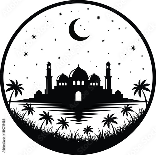A black silhouette of a majestic mosque with domes and minarets under a starry night sky with a crescent moon reflected in water.