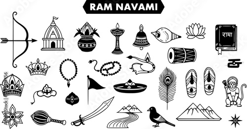Ram Navami Hindu Festival Black and White Line Art Icons Set. Indian Religious Culture Symbols Collection for Lord Rama Celebration.