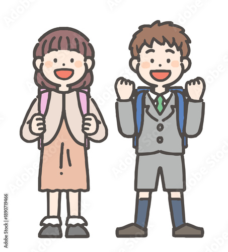 笑顔の女の子と男の子の小学生と家族