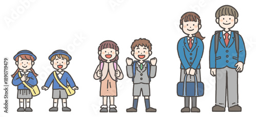制服姿の園児、小学生、中学生・高校生の笑顔の立ち姿のセット