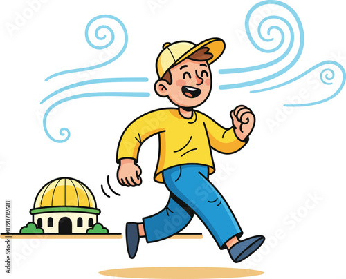 A cheerful cartoon boy in a yellow shirt and backward cap walks briskly with a joyful smiling expression.
