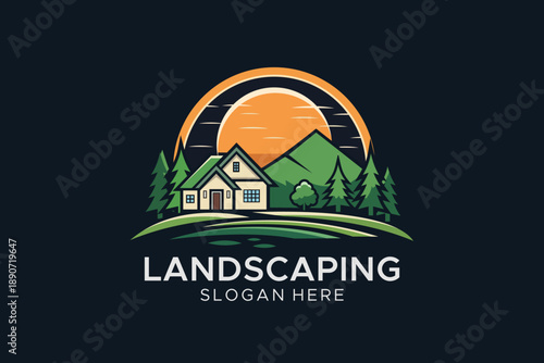 Vector landscape logo design featuring a house, mountains, pine trees, and a sunset for real estate and gardening business