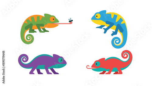 Colorful Chameleons Set with One Catching a Fly - Flat Vector Illustration of Reptile Wildlife