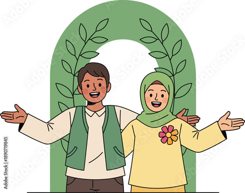 A cheerful Muslim couple illustration a man in a vest and a woman in a hijab smiling with open arms.