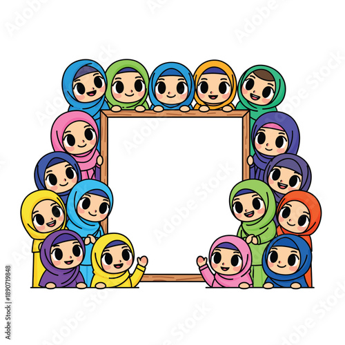 A cheerful group of diverse cartoon Muslim girls in colorful hijabs smiling and waving around a blank wooden frame.