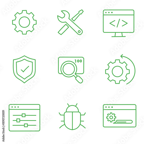Green Outline Technology Icons Set for System and Security Concept