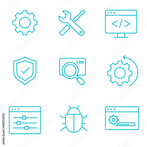 Blue Technology Outline Icons Collection for Web and Software System