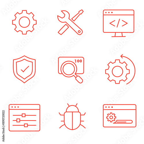Red Outline System Icons Set for Technology and Development