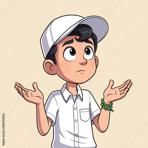 A confused cartoon boy in a white cap and shirt shrugging with open palms looking up with a puzzled expression.