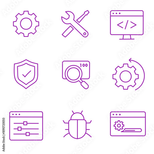 Purple Technology Outline Icons for Software Development and Security