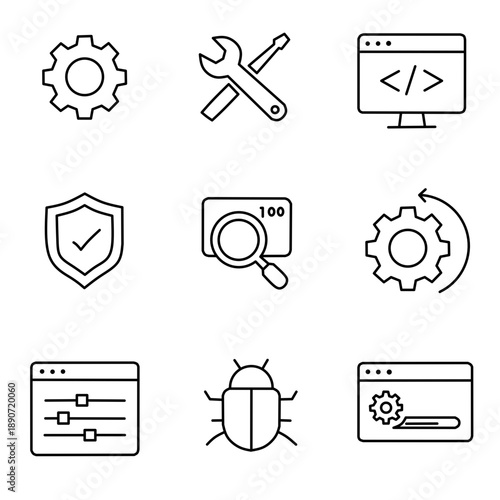 Technology System Outline Icons Set with Development and Security Concept