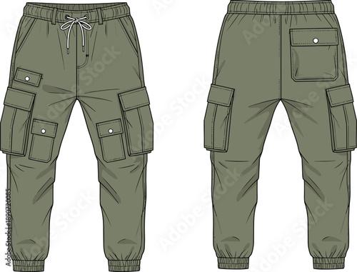 Vector technical sketch of olive green men's cargo jogger pants with multiple utility pockets, elastic drawstring waist, and ribbed cuffs.