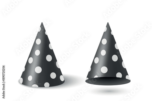 Vector 3d Realistic Black and White Party Hat Set. Glossy Celebration Party Hat for Birthday. New Year, Holiday Event, Carnival Decoration. Festive Accessory. Party Hat Illustration