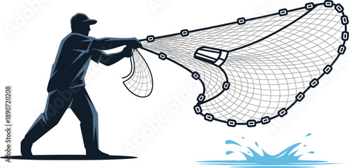 Dynamic colorful illustration of a fisherman throwing a net into the sea.