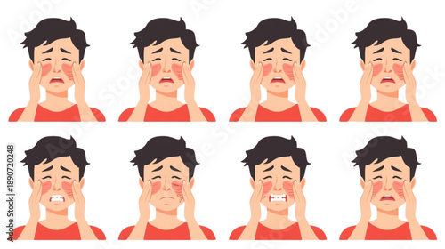 Illustrated series showing a man's various facial expressions of discomfort, pain, and redness, highlighting symptoms of allergic reactions, skin irritation, or inflammation on the face