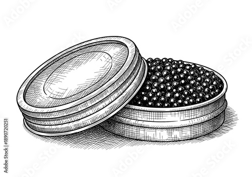 Open metal tin filled with luxurious black caviar pearls isolated on white for fine dining appetizer and wealth concept