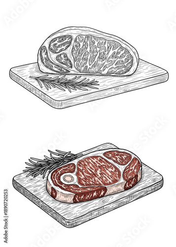 Premium raw wagyu beef steak with rich marbling on a wooden cutting board with rosemary for gourmet grilling and steakhouse menu
