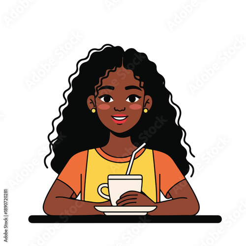 A brown-skinned woman with long curly hair sitting and holding a coffee