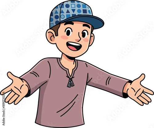 A friendly cartoon boy with a happy expression and open arms wearing a patterned blue baseball cap and a mauve shirt.