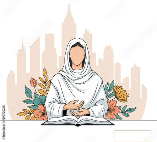 A faceless woman in a white hijab with hands in a prayer pose over an open book adorned with flowers.