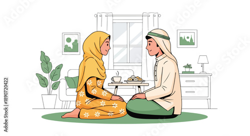 Two people wearing headscarves sitting on a green mat in a simple room with a table and plants, engaged in conversation.