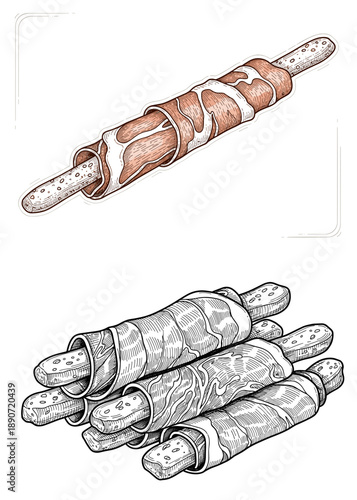 Hand drawn Italian grissini breadsticks wrapped in thin slices of cured prosciutto ham for savory appetizer and antipasto concept
